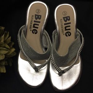 Blue, Blue Suede Shoes-Silver Wedge‎ Sandals-Size:3